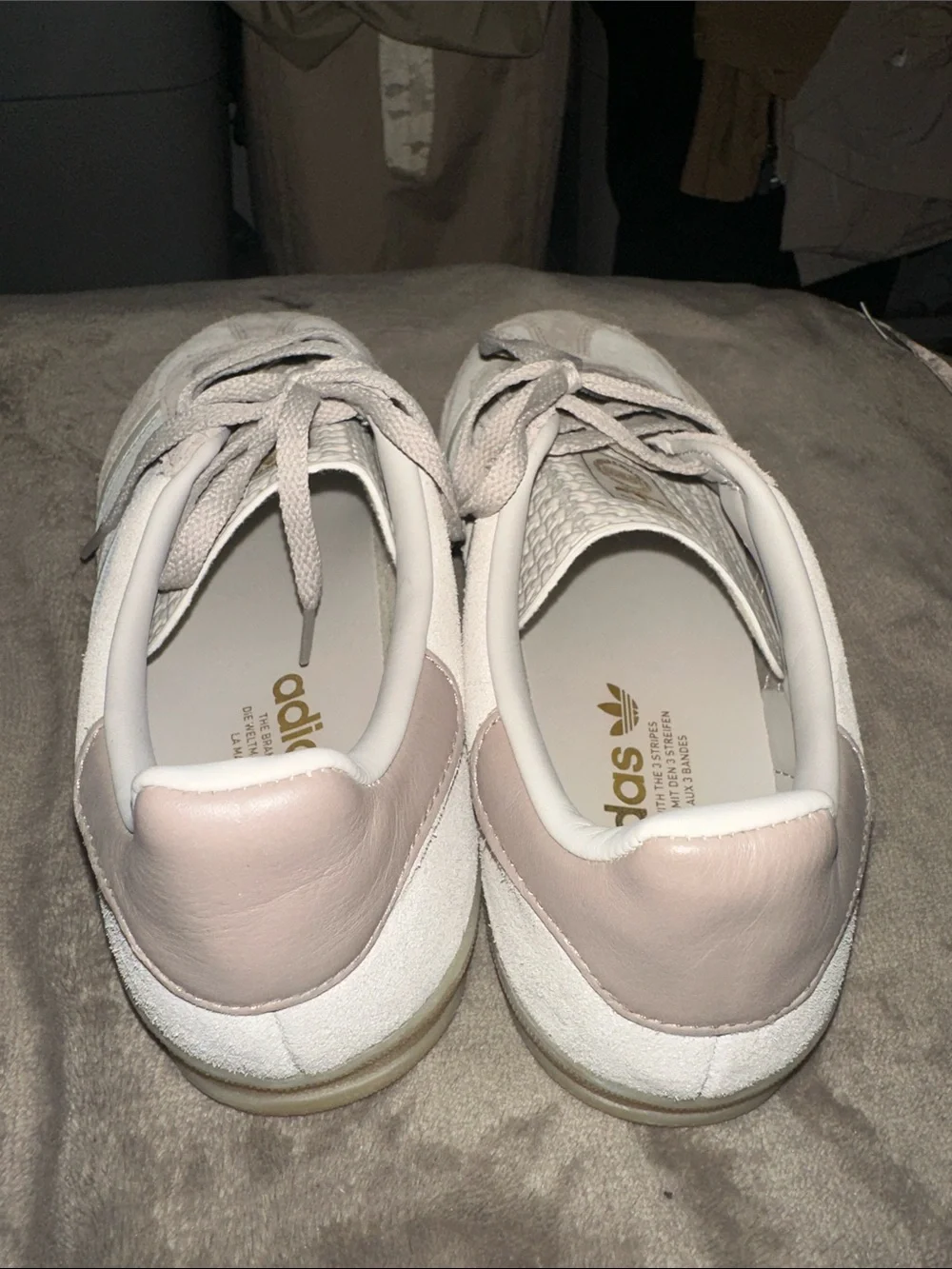 adidas Women’s White and Pale Pink Suede-Accent Sneakers